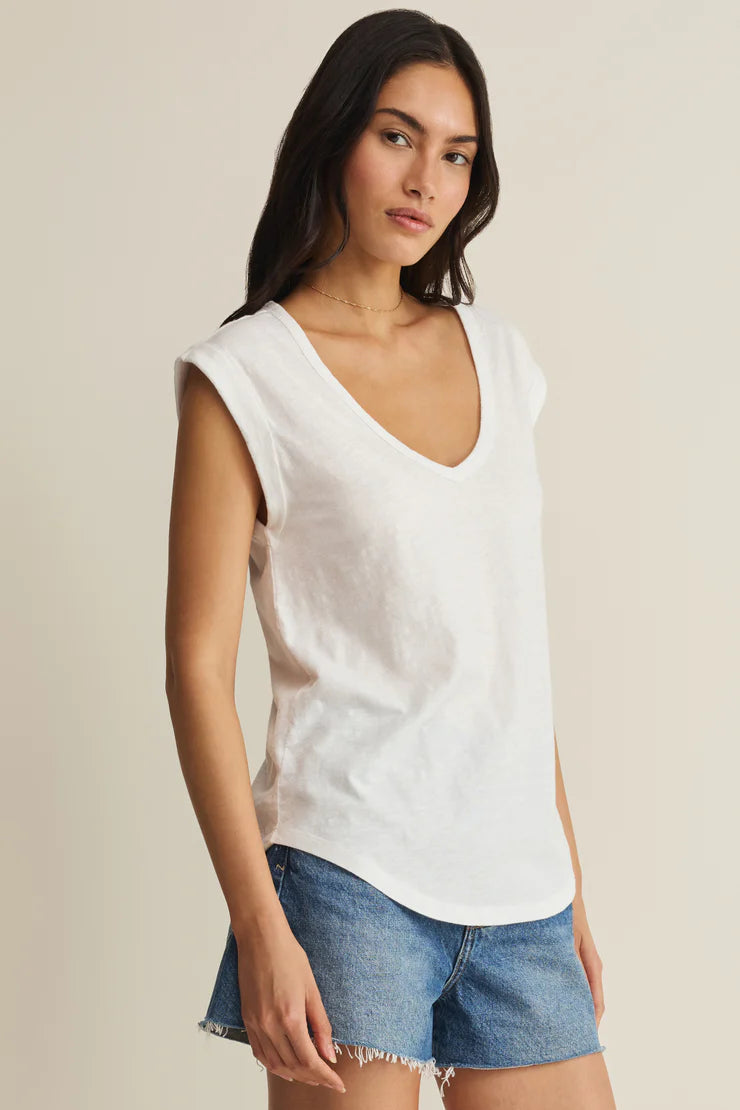 White sleeveless v-neck t-shirt
