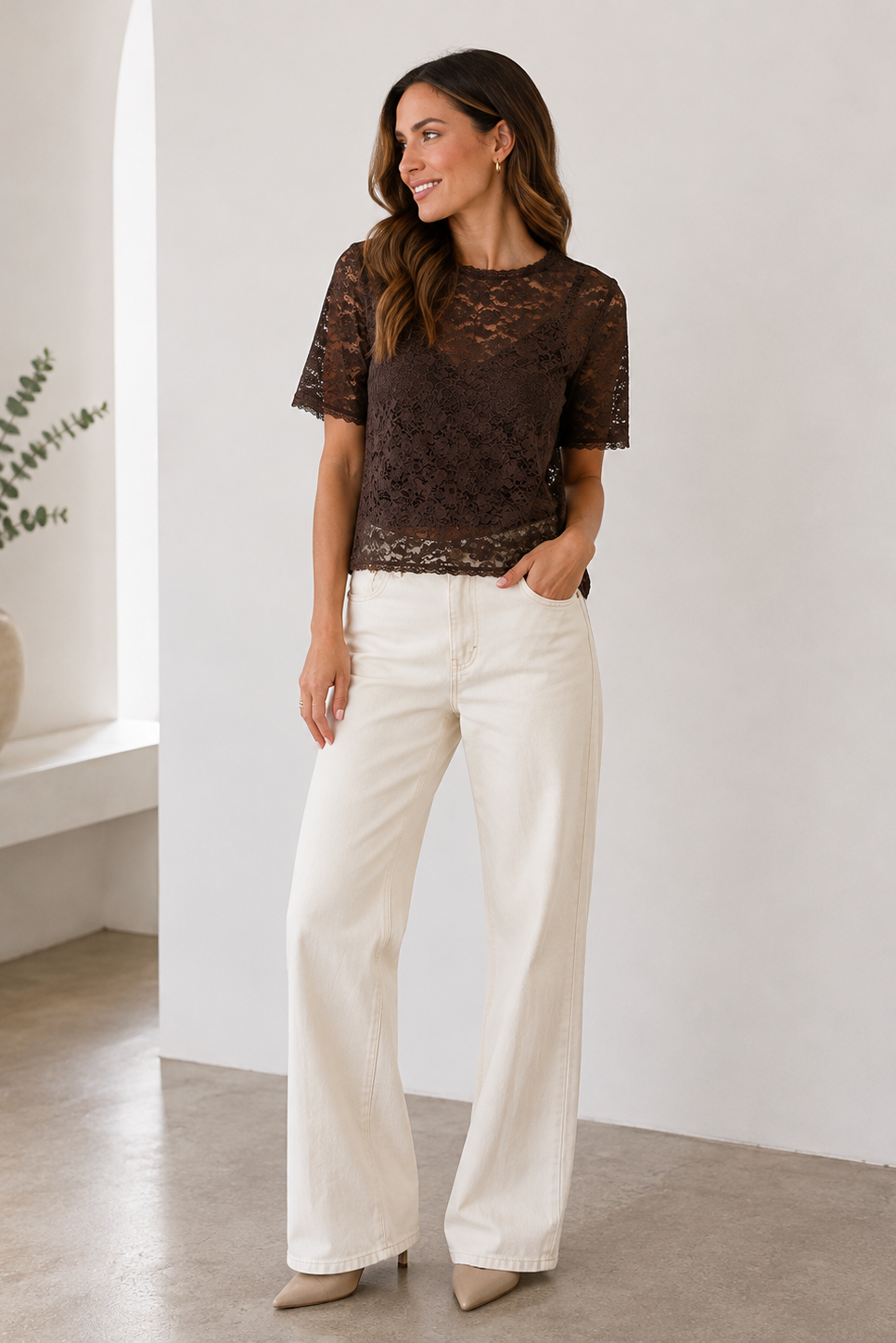 women wearing brown sheer t shirt top 
