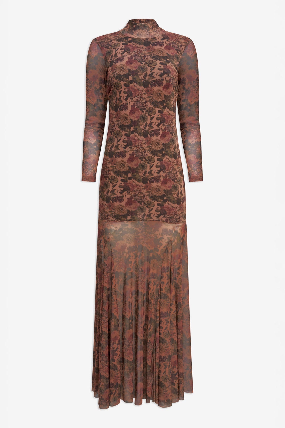pink floral maxi dress, high neck, long sleeve