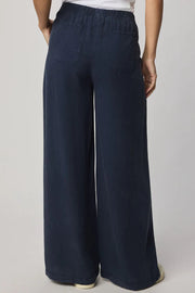 Navy wide-leg pull-on pants with an elastic waistband, back view
