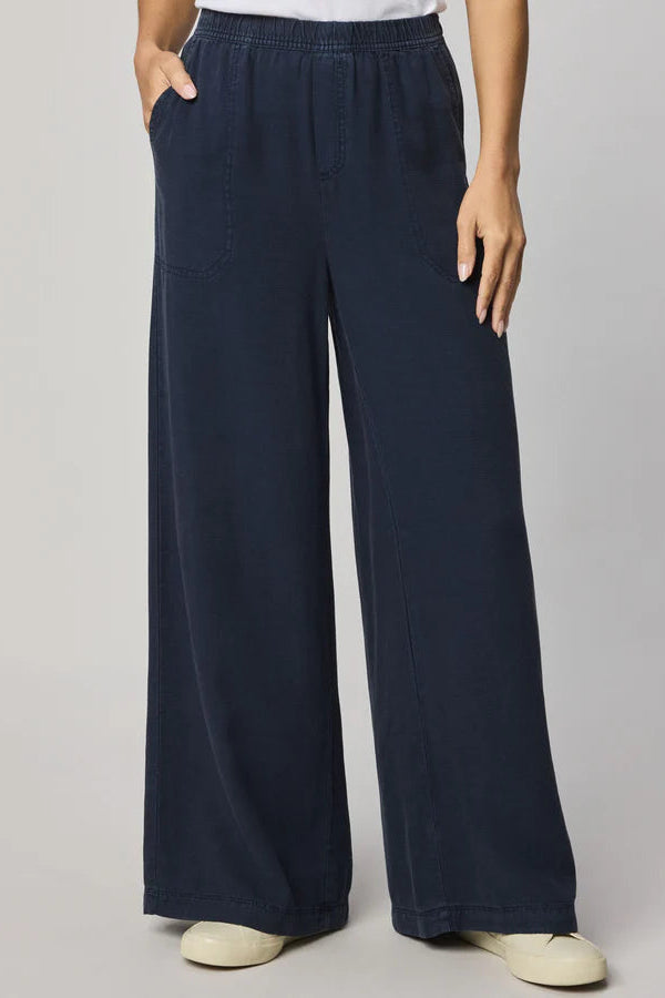 Navy wide-leg pull-on pants with an elastic waistband, front view