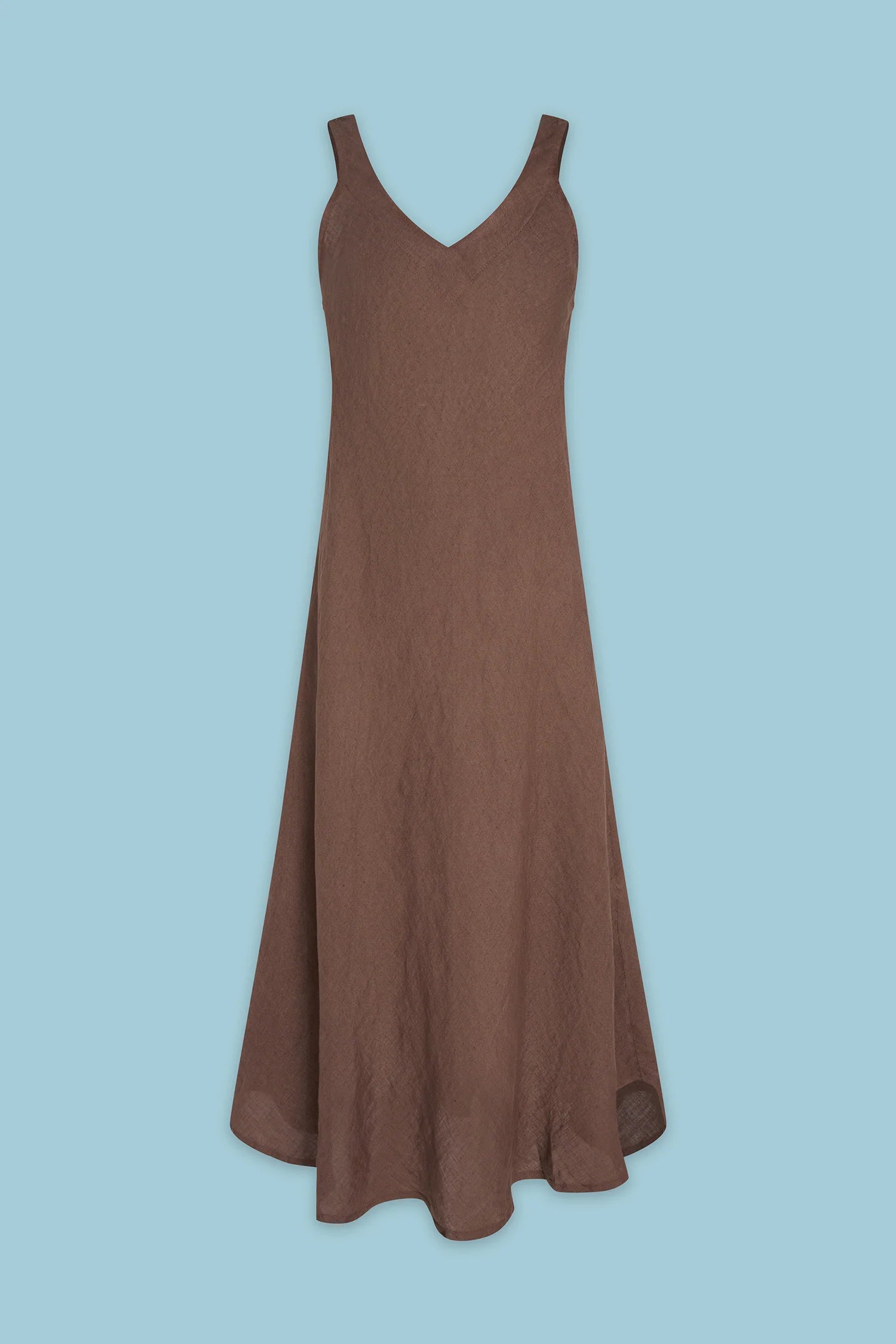 brown sleeveless V-neck midi dress with a flared hem.
