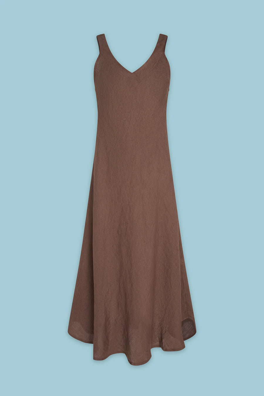 brown sleeveless V-neck midi dress with a flared hem.
