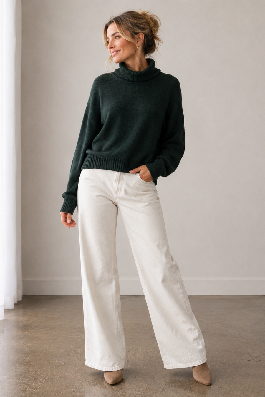 women wearing green mock neck knit sweater 