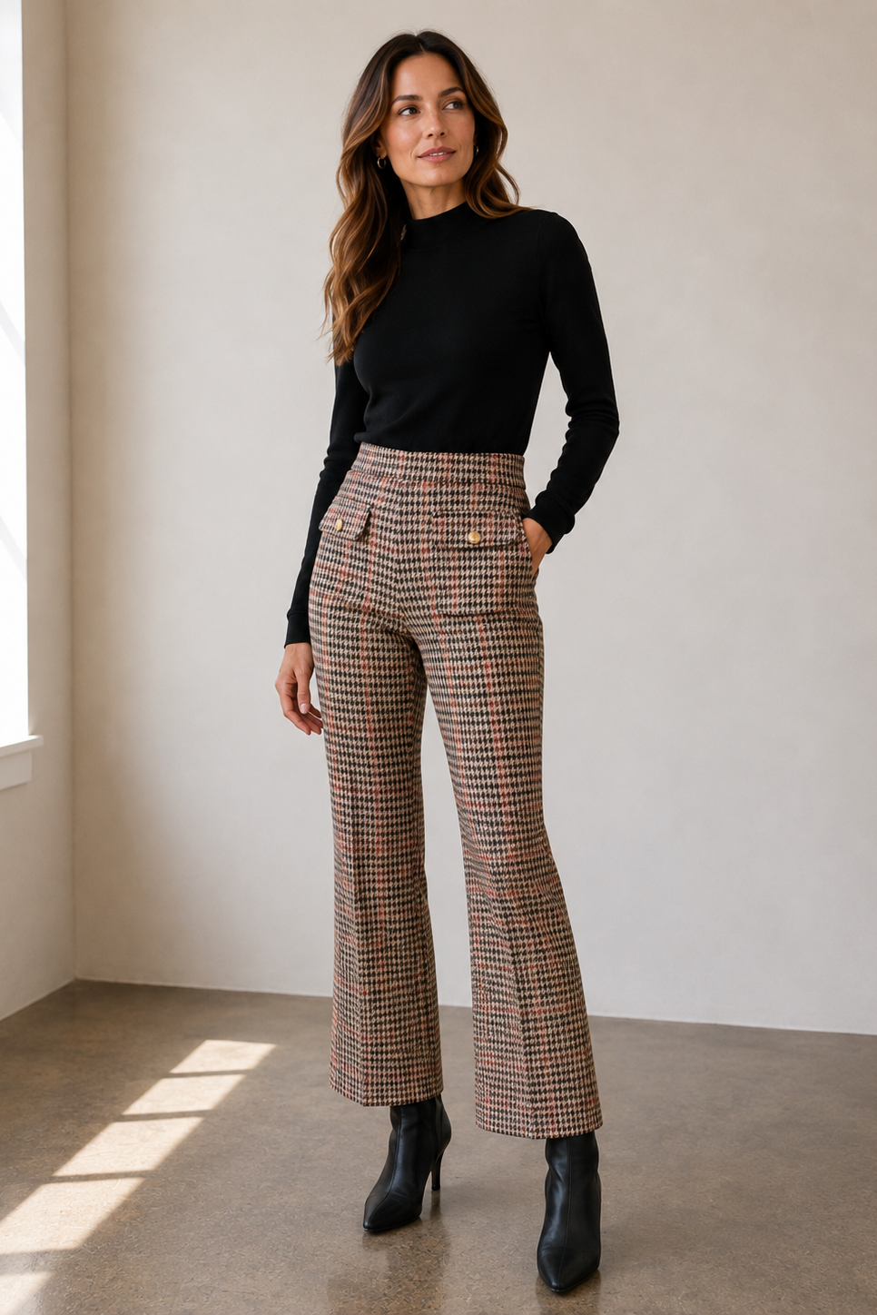 women wearing patterned high waisted pants with front pockets 