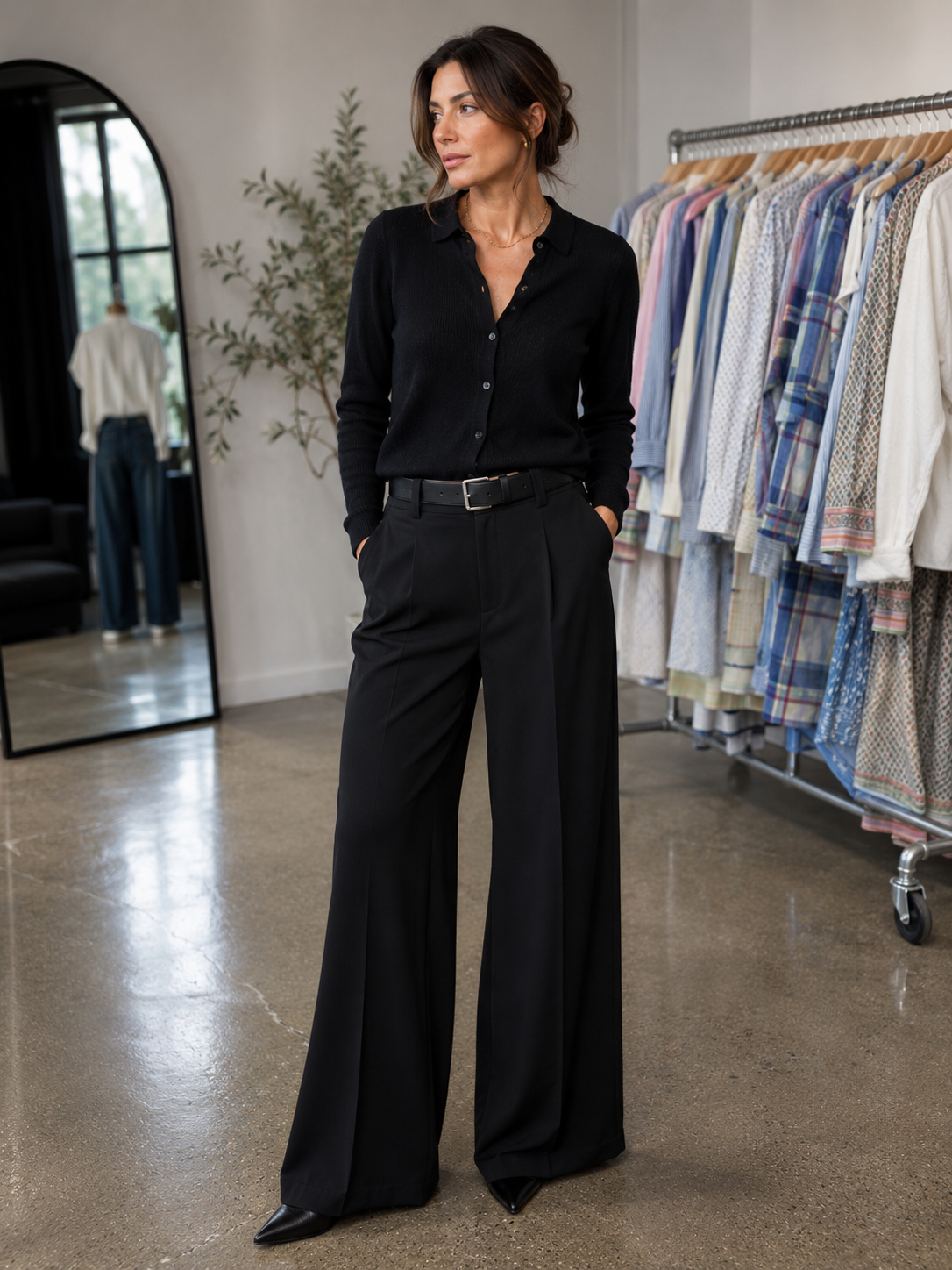 women wearing black wide leg pants 