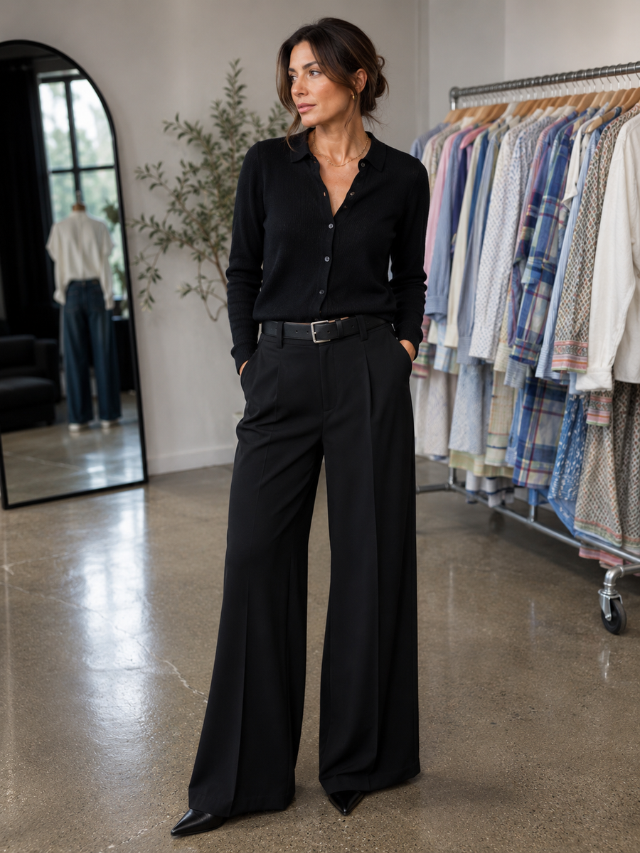 women wearing black wide leg pants 