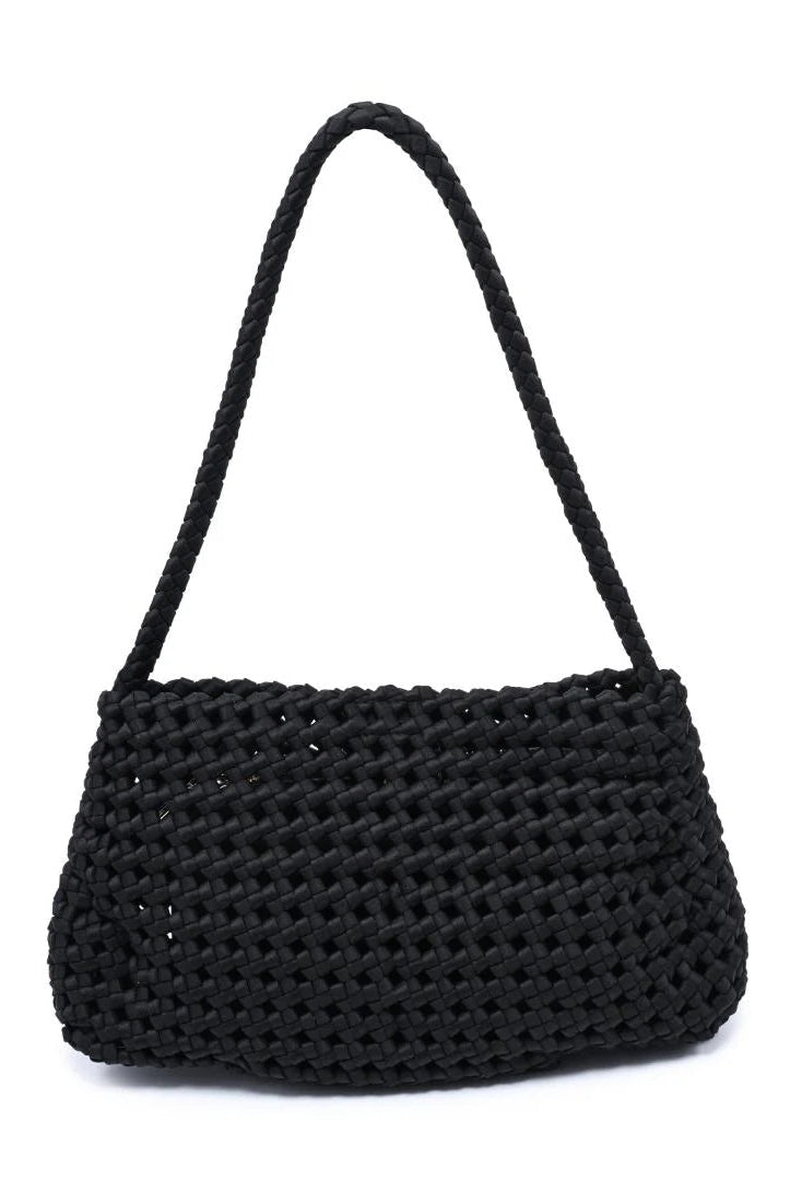Black woven shoulder bag with a slouchy silhouette, braided strap, and textured basket weave design, front