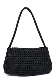 Black woven shoulder bag with a slouchy silhouette, braided strap, and textured basket weave design, front