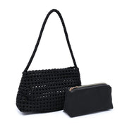 Black woven shoulder bag with a slouchy silhouette, braided strap, and textured basket weave design, front with pouch