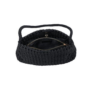 Black woven shoulder bag with a slouchy silhouette, braided strap, and textured basket weave design, top down