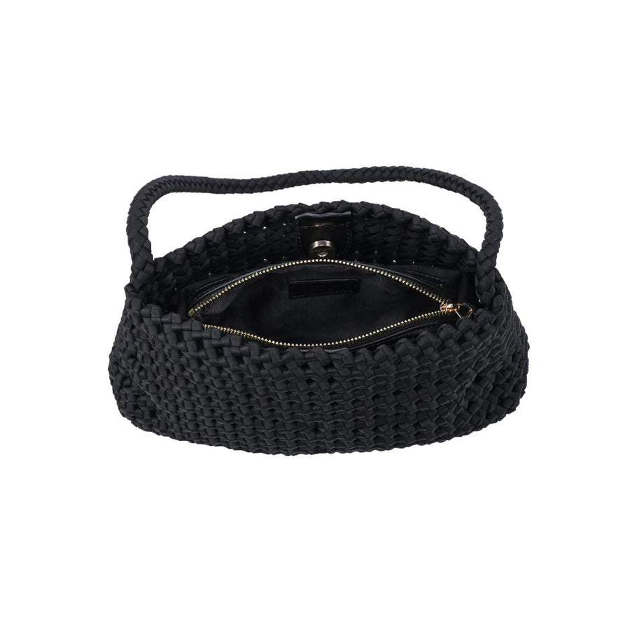 Black woven shoulder bag with a slouchy silhouette, braided strap, and textured basket weave design, top down