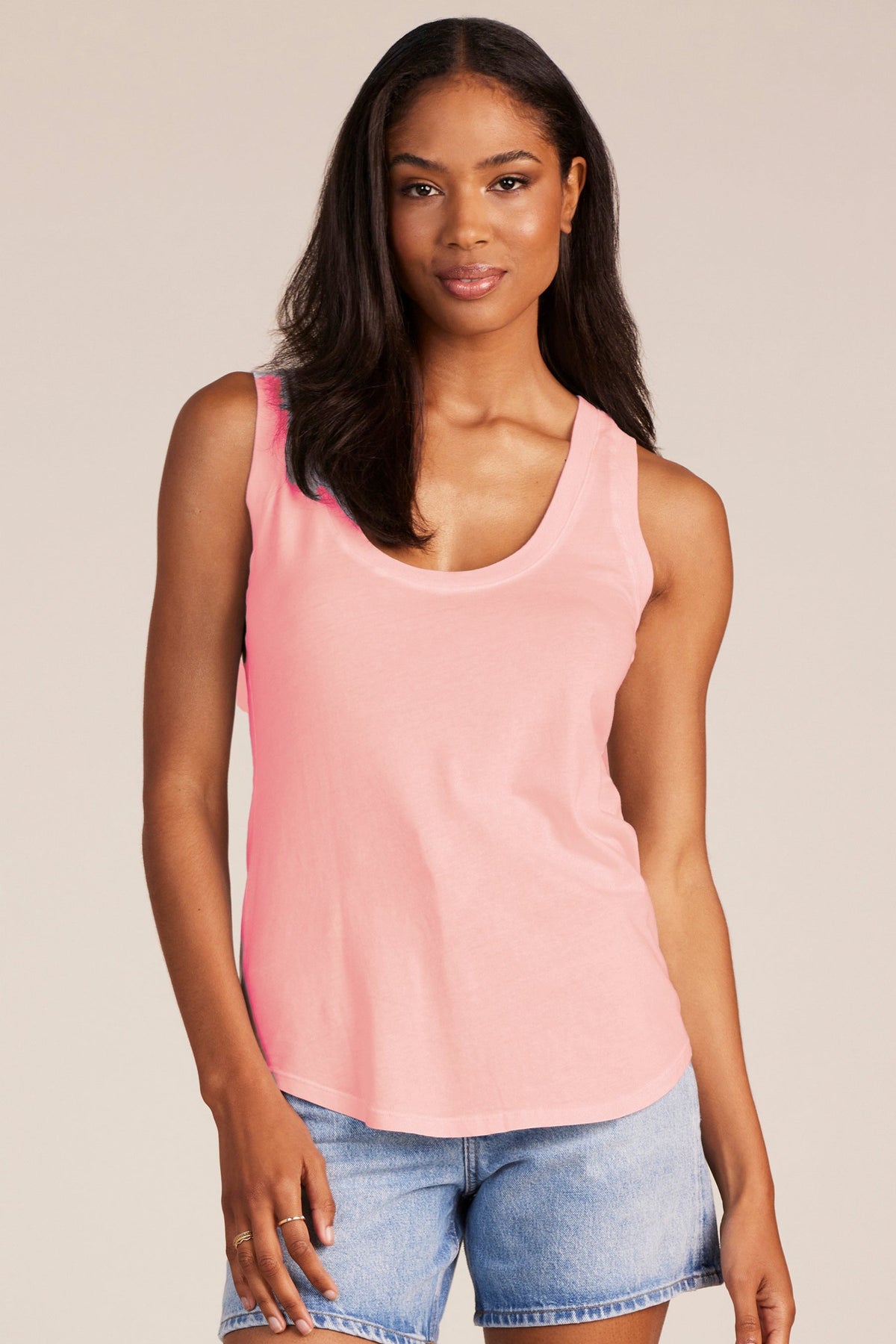 Bobi Cotton Scoop Neck Round Hem Tank Top in Neo Coral