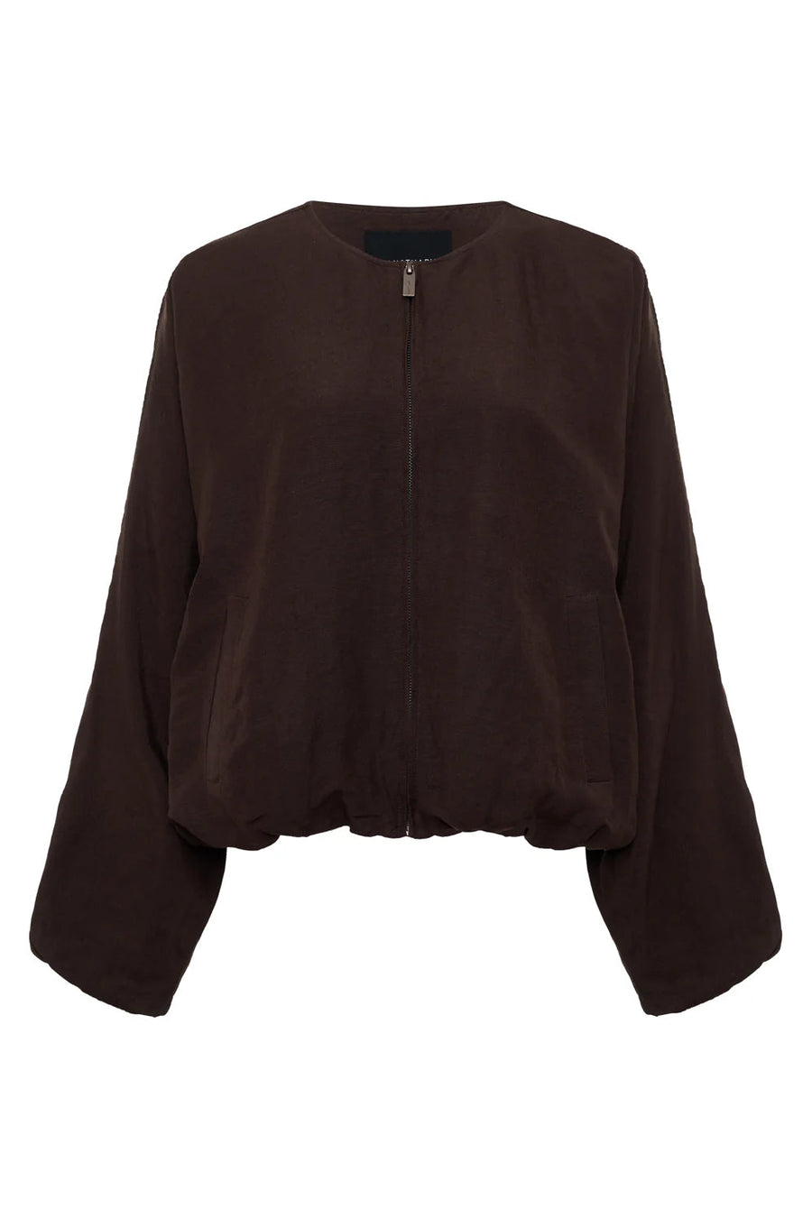 Woman wearing a lightweight rich chocolate brown bomber-style jacket with a relaxed fit. Features a zip-front closure, round neckline, dolman sleeves, elastic cuffs and waistband, and two front slant pockets, front