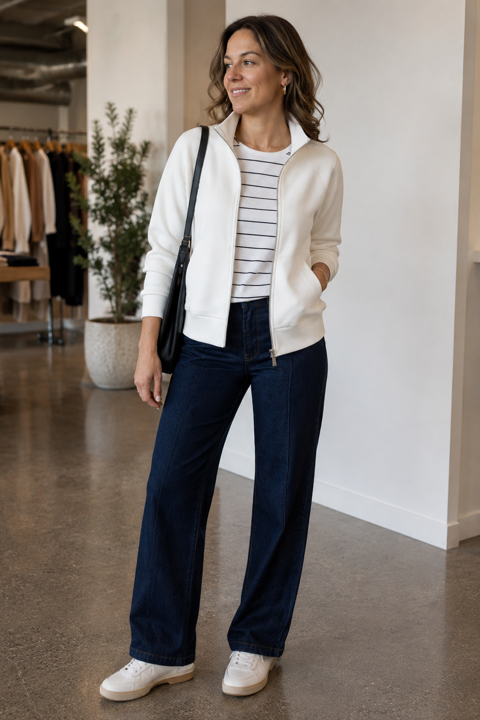 woman wearing a white zip up sweatshirt 