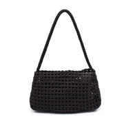 Dark brown woven shoulder bag with a slouchy silhouette, braided strap, and textured basket weave design, front