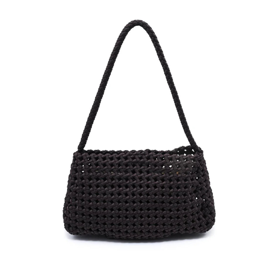 Dark brown woven shoulder bag with a slouchy silhouette, braided strap, and textured basket weave design, front