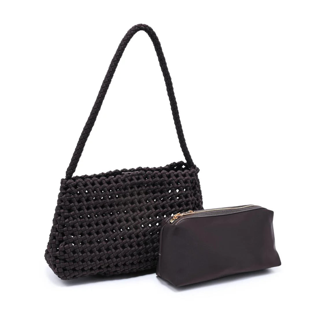 Dark brown woven shoulder bag with a slouchy silhouette, braided strap, and textured basket weave design, front with pouch