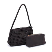Dark brown woven shoulder bag with a slouchy silhouette, braided strap, and textured basket weave design, front with pouch