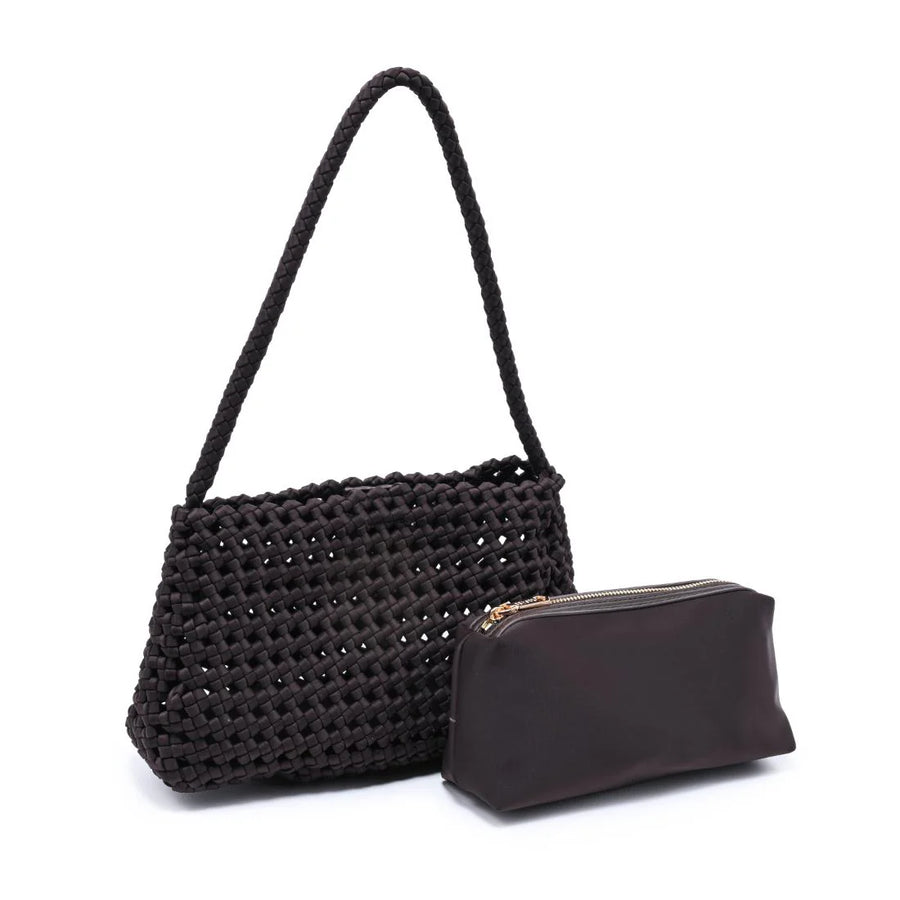 Dark brown woven shoulder bag with a slouchy silhouette, braided strap, and textured basket weave design, front with pouch
