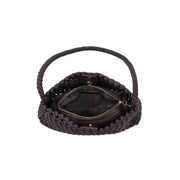 Dark brown woven shoulder bag with a slouchy silhouette, braided strap, and textured basket weave design, top down