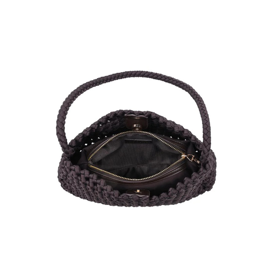 Dark brown woven shoulder bag with a slouchy silhouette, braided strap, and textured basket weave design, top down