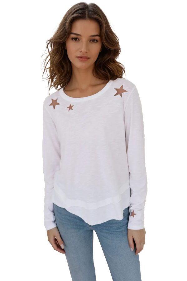 Woman wearing a white long-sleeve crewneck t-shirt with mesh star accents on the neckline and sleeve, front view