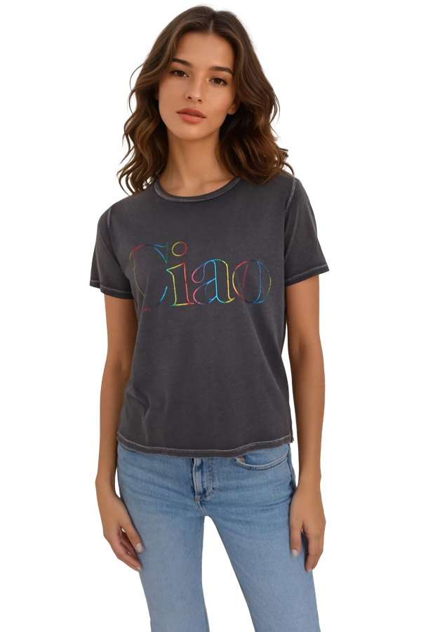 Woman wearing a dark grey short-sleeve crewneck t-shirt with multicolor “ciao” graphic, front view