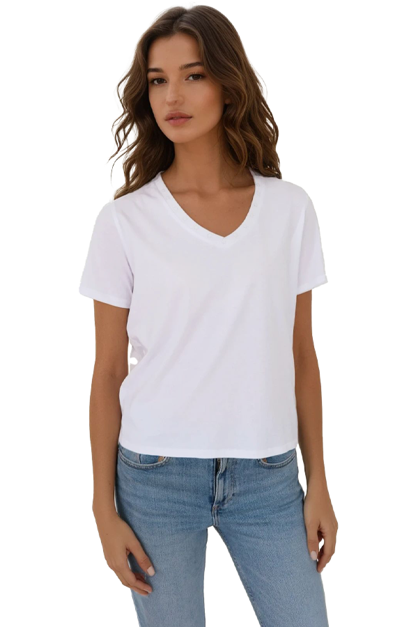 Woman wearing a white short-sleeve V-neck t-shirt, front view