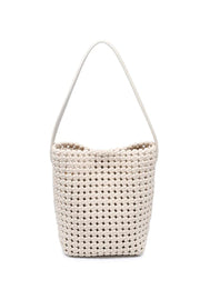 Cream woven shoulder bag with a structured bucket silhouette, open basket weave texture, and slim shoulder strap, front