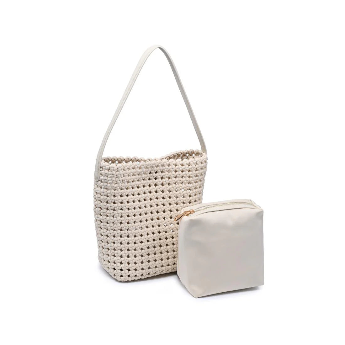 Cream woven shoulder bag with a structured bucket silhouette, open basket weave texture, and slim shoulder strap, front with pouch