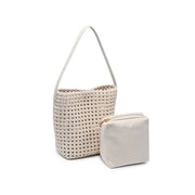 Cream woven shoulder bag with a structured bucket silhouette, open basket weave texture, and slim shoulder strap, front with pouch