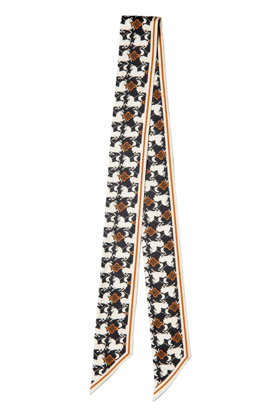 A long silk scarf with a repeating pattern of black dogs and orange roses on a white background, finished with thin orange and white striped borders.