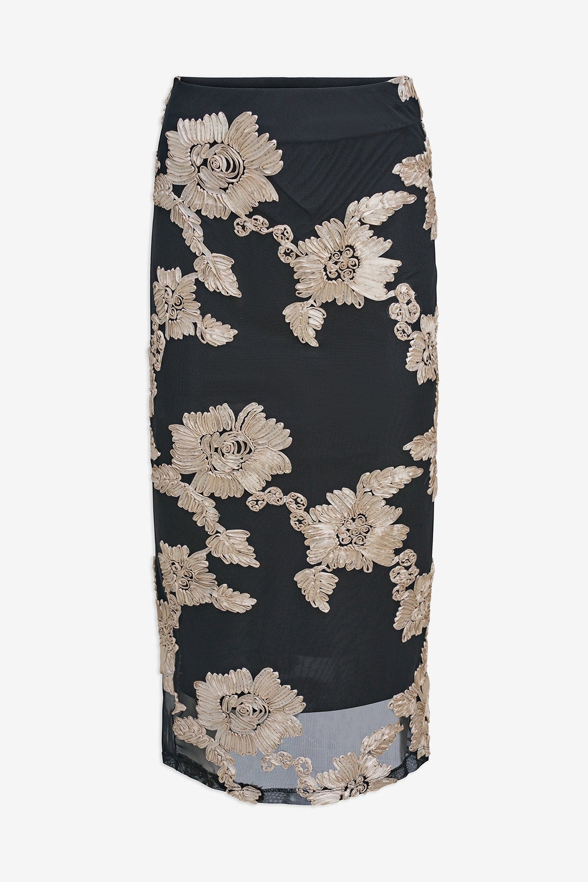 black midi pencil skirt with intricate floral lace embroidery over a sheer mesh overlay with a fitted silhouette 