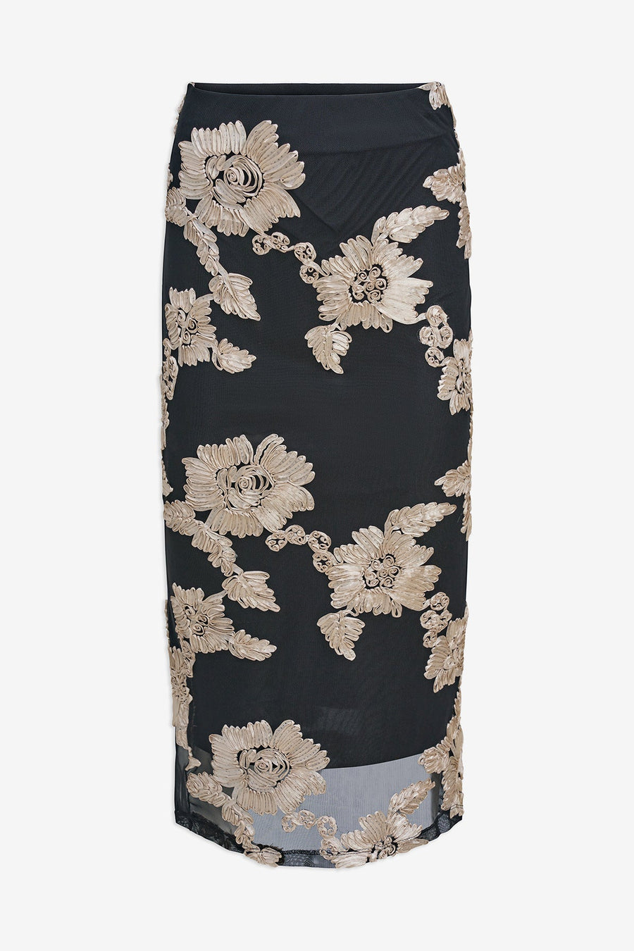 black midi pencil skirt with intricate floral lace embroidery over a sheer mesh overlay with a fitted silhouette 