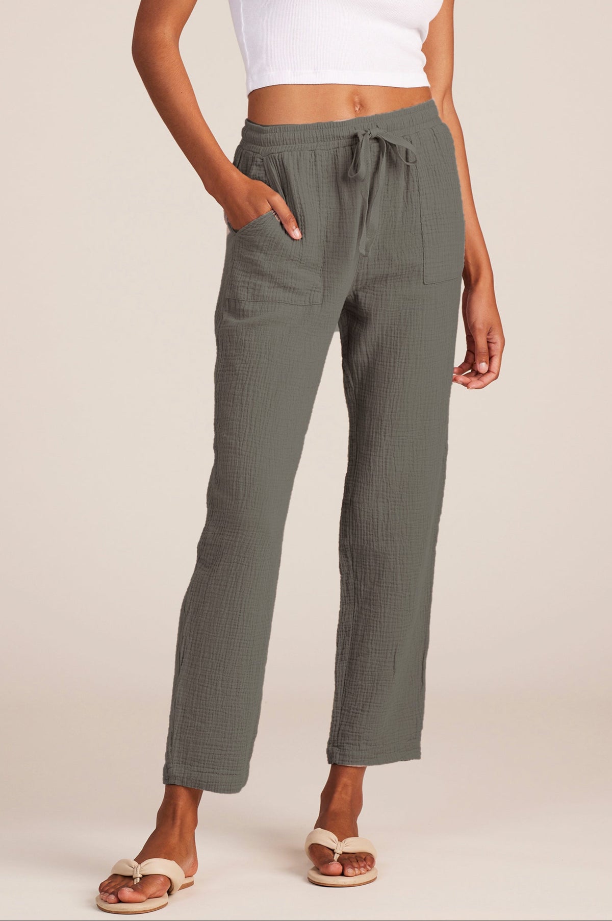 Bobi Cotton Gauze Straight Leg Tie Waist Pant in Dark Sage - Size L Available