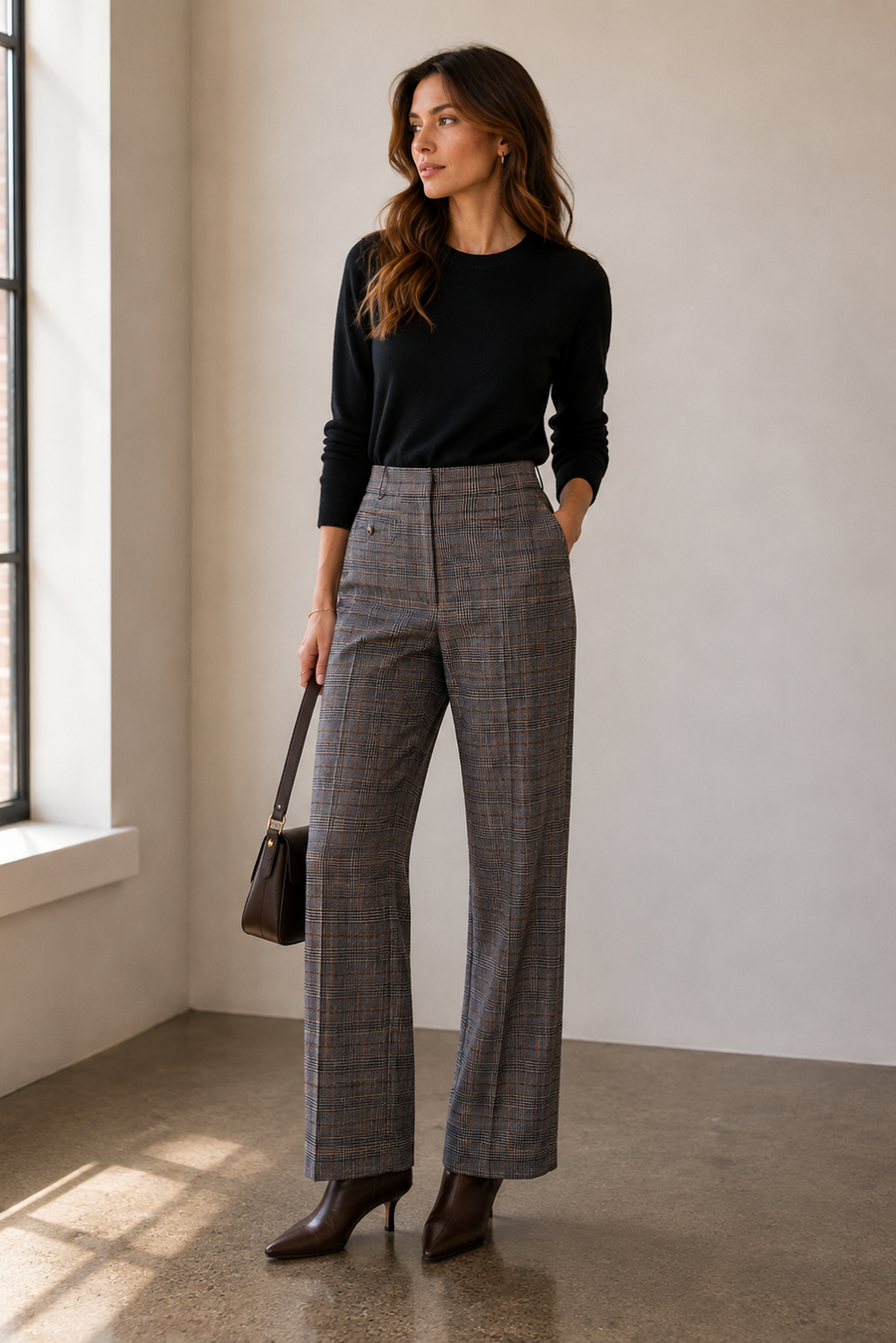 a woman wearing high-waisted gray wide-leg plaid trousers
