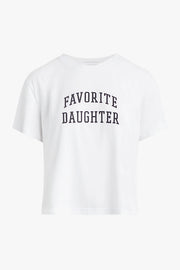 Woman wearing a fitted white graphic t-shirt with “Favorite Daughter” lettering and rolled short sleeves, front