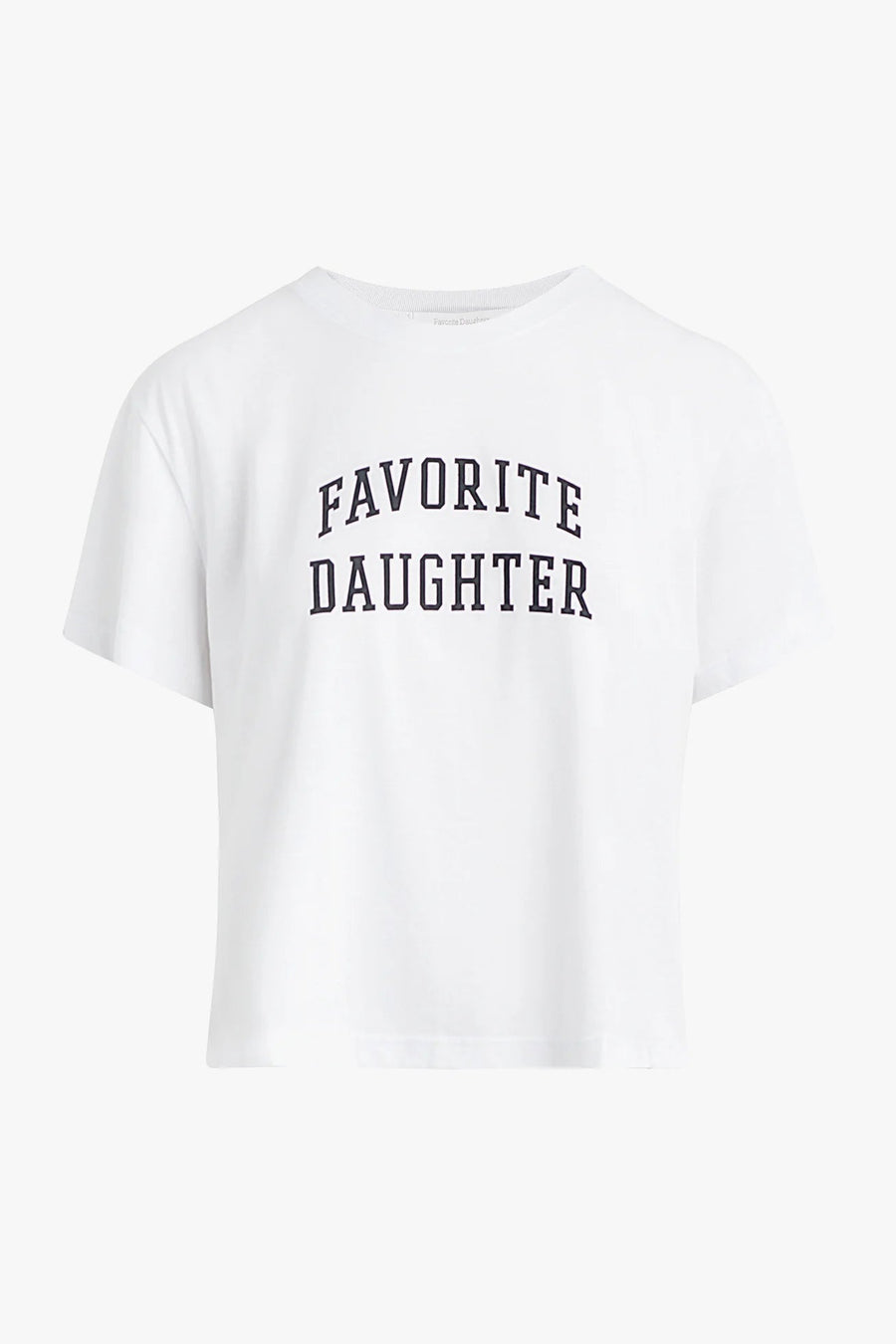 Woman wearing a fitted white graphic t-shirt with “Favorite Daughter” lettering and rolled short sleeves, front