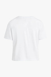 Woman wearing a fitted white graphic t-shirt with “Favorite Daughter” lettering and rolled short sleeves, back