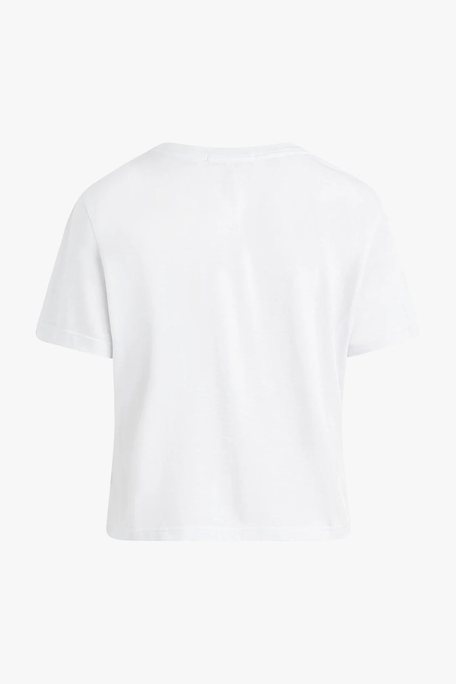 Woman wearing a fitted white graphic t-shirt with “Favorite Daughter” lettering and rolled short sleeves, back