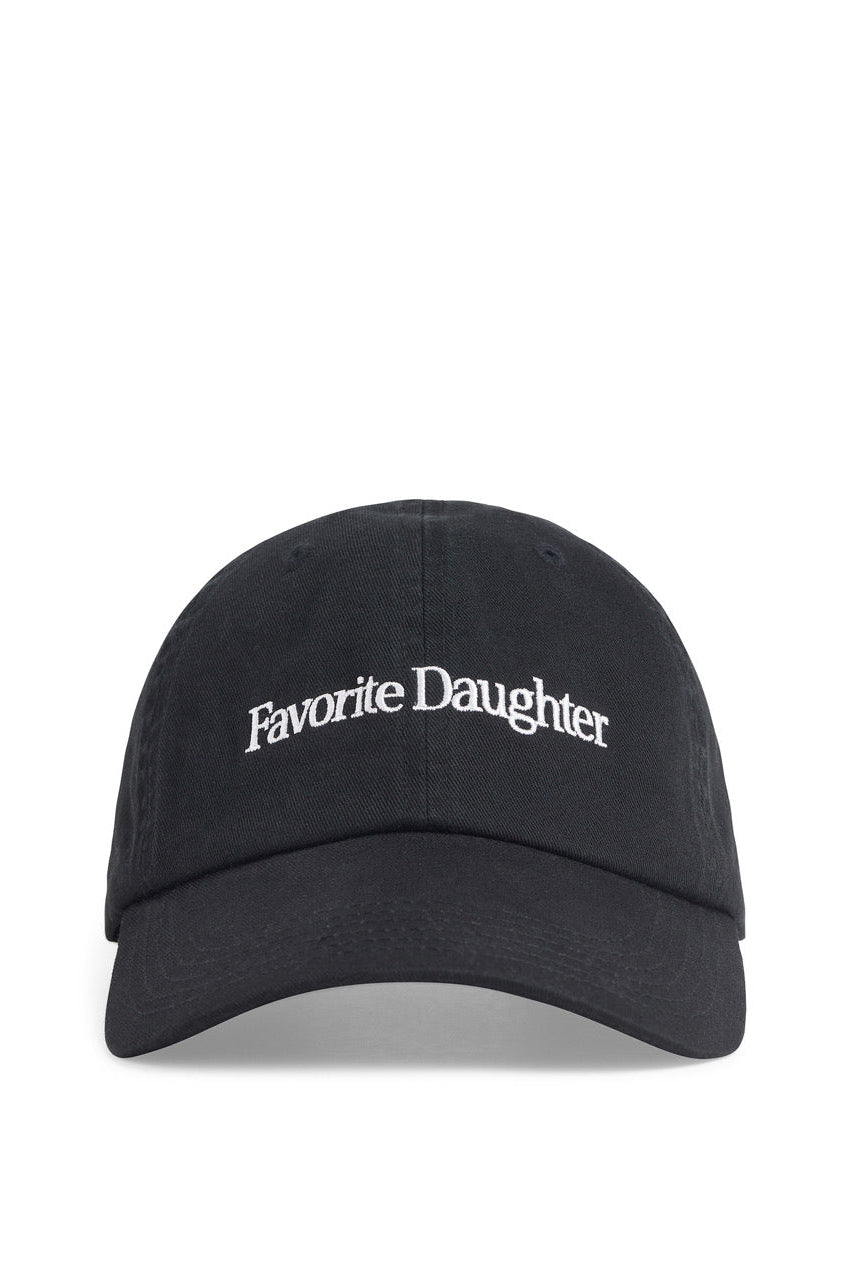 A black baseball cap with 'Favorite Daughter' embroidered in white script across the front,