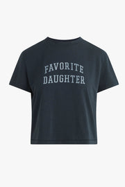 Navy cropped graphic t-shirt with “Favorite Daughter” lettering, short sleeves, and a relaxed fit, front