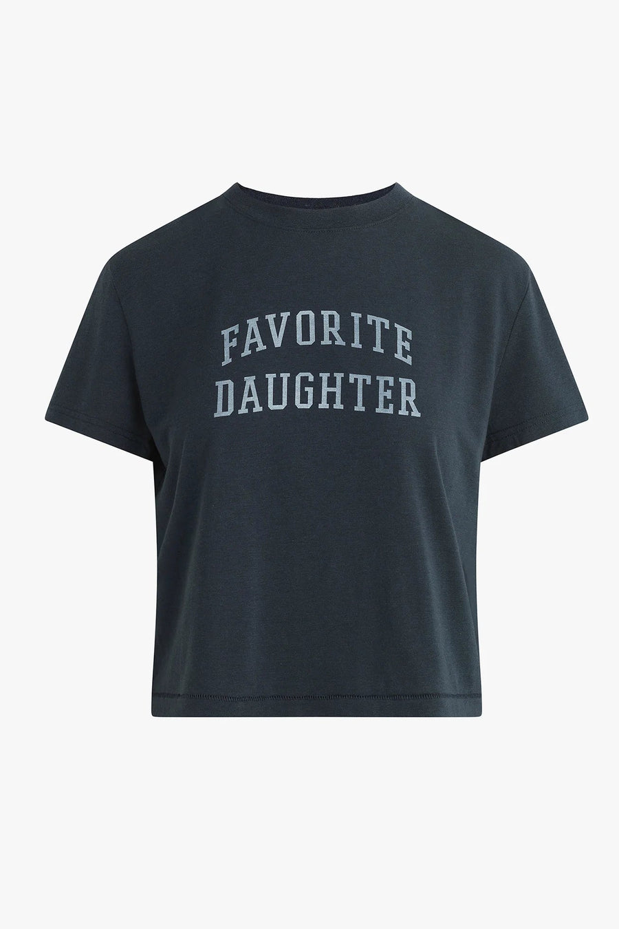 Navy cropped graphic t-shirt with “Favorite Daughter” lettering, short sleeves, and a relaxed fit, front