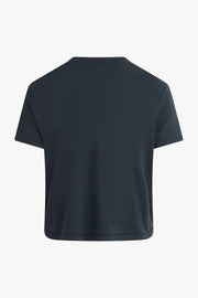 Navy cropped graphic t-shirt with “Favorite Daughter” lettering, short sleeves, and a relaxed fit, back
