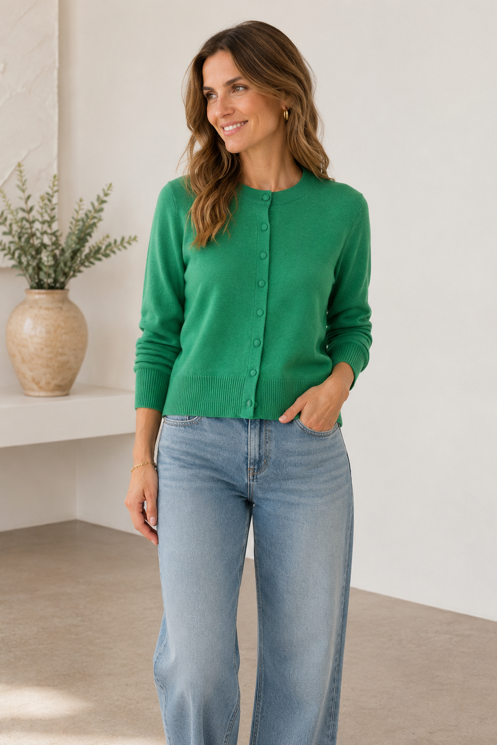 A woman wearing a vibrant green button-up cardigan sweater