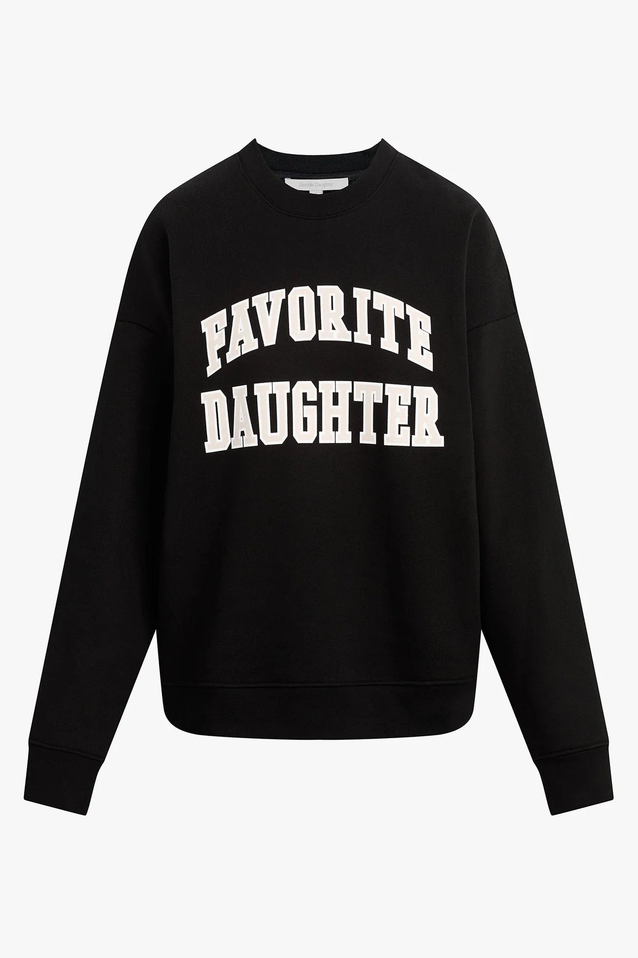 Woman wearing a black long-sleeve crewneck sweatshirt with “FAVORITE DAUGHTER” graphic text, front