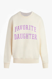 Cream-colored sweatshirt with 'Favorite Daughter' text in purple on a white background