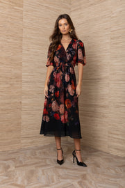 women wearing black floral print v neck dress