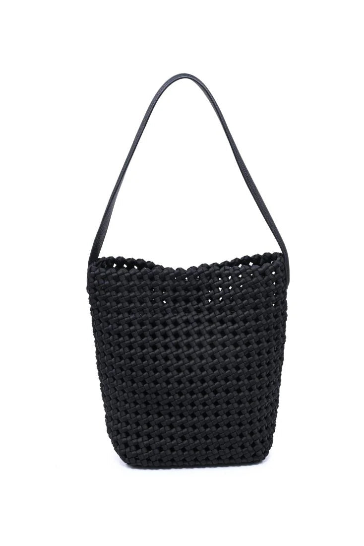 Black woven shoulder bag with a structured bucket silhouette, open basket weave texture, and slim shoulder strap, front
